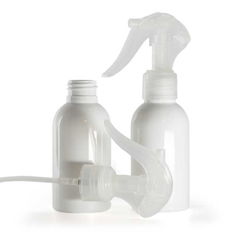 Weiße Kunststoffflasche, Mini-Trigger-Spray, transparent, 100 ml