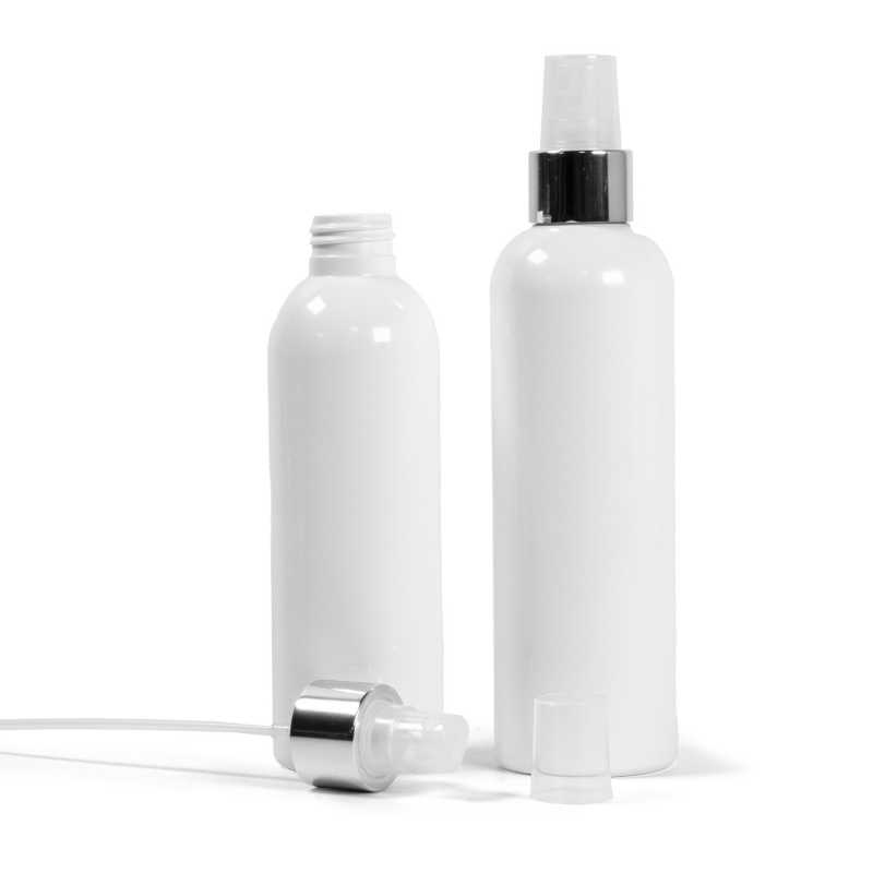 Weiße Kunststoffflasche, Transparentes Spray mit glänzendem Silberkragen, 200 ml
