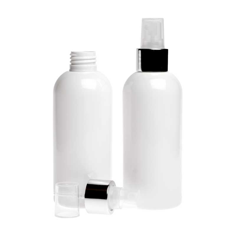 Weiße Kunststoffflasche, Transparentes Spray mit glänzendem Silberkragen, 300 ml