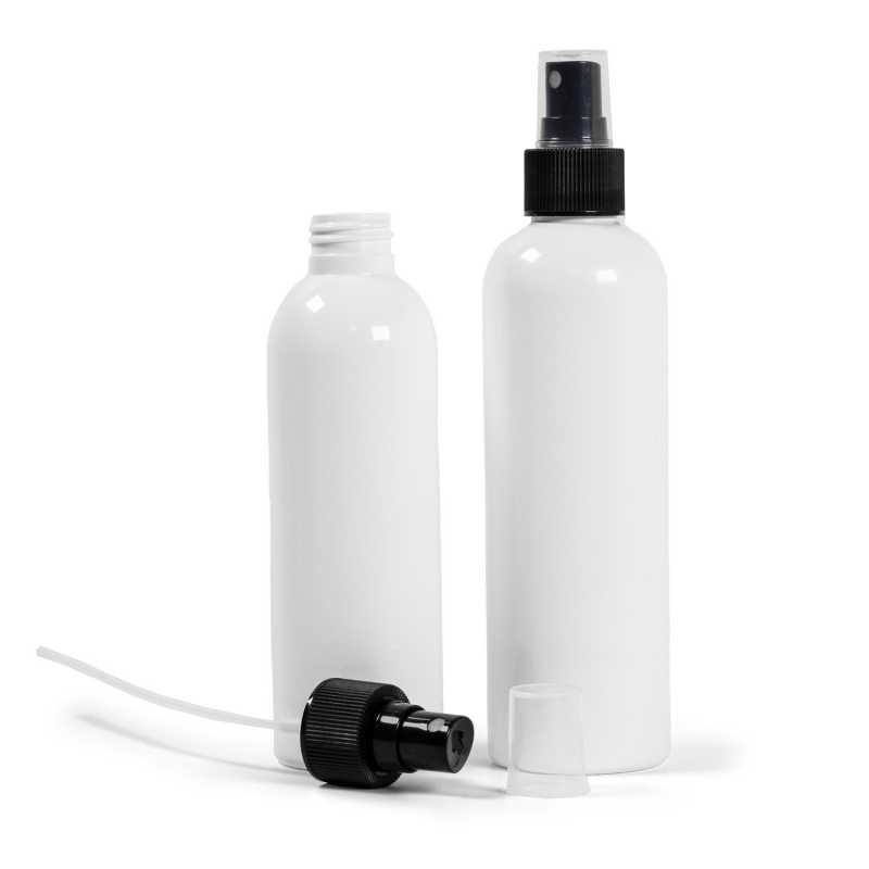 Weiße Plastikflasche mit schwarzem Spray, 250 ml