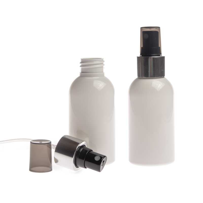 Weiße Kunststoffflasche, schwarzes Spray mit glänzendem Silberkragen, 100 ml