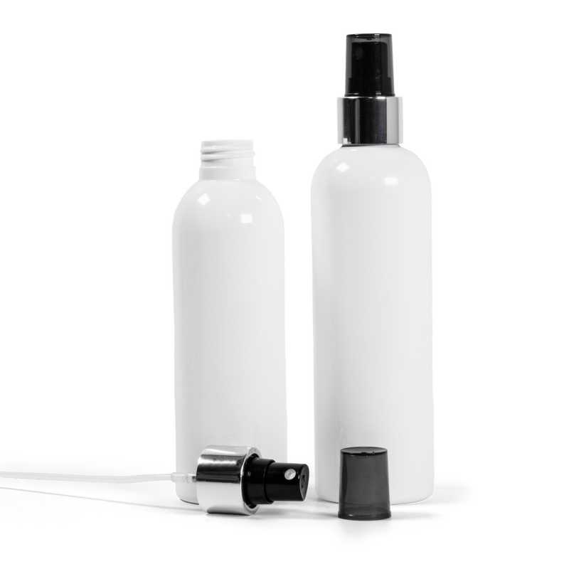 Weiße Kunststoffflasche, schwarzes Spray mit glänzendem Silberkragen, 250 ml