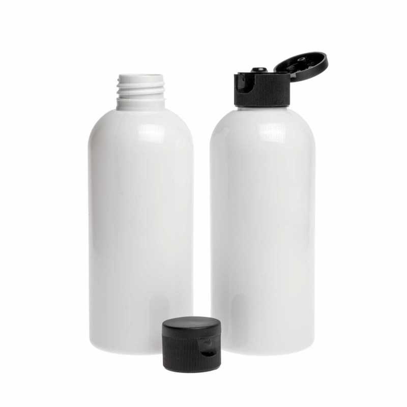 Weiße Kunststoffflasche, schwarzer Flip-Top, 150 ml