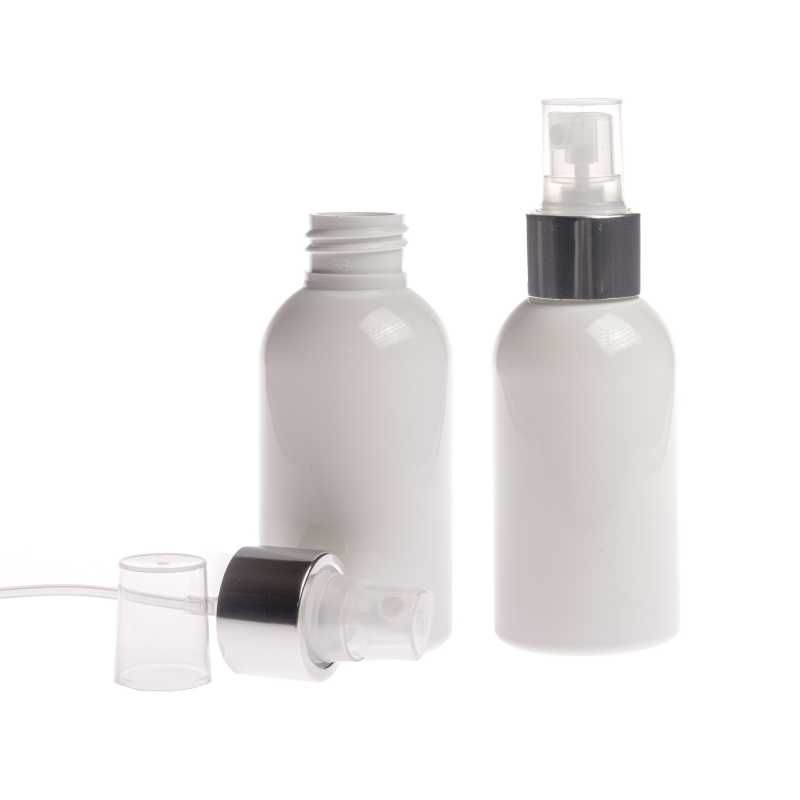 Weiße Kunststoffflasche, Transparentes Spray mit glänzendem Silberkragen, 150 ml