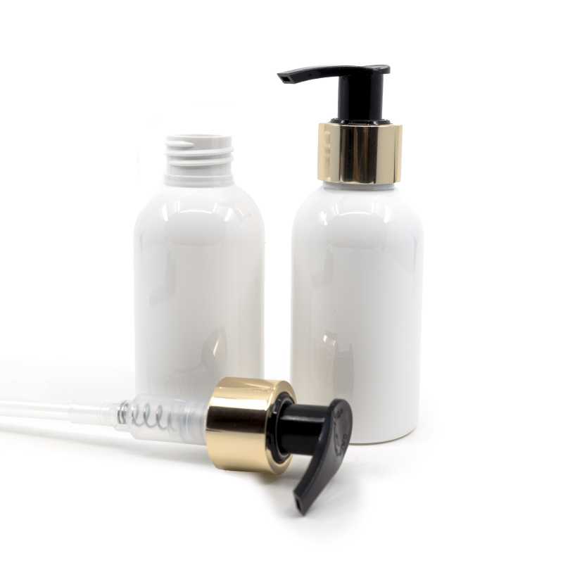 Weiße Plastikflasche, goldene Pumpe, 150 ml