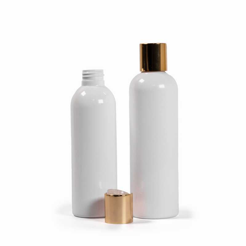 Weiße Plastikflasche, goldener Flip-Top, 200 ml