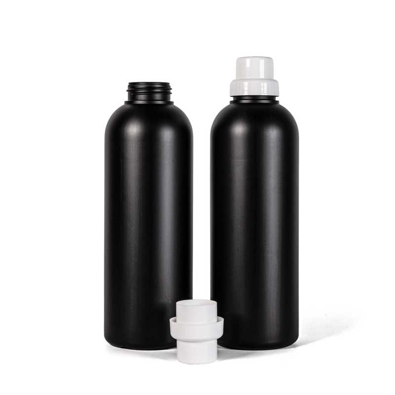 Schwarze Kunststoffflasche, weißer Verschluss, 1 l