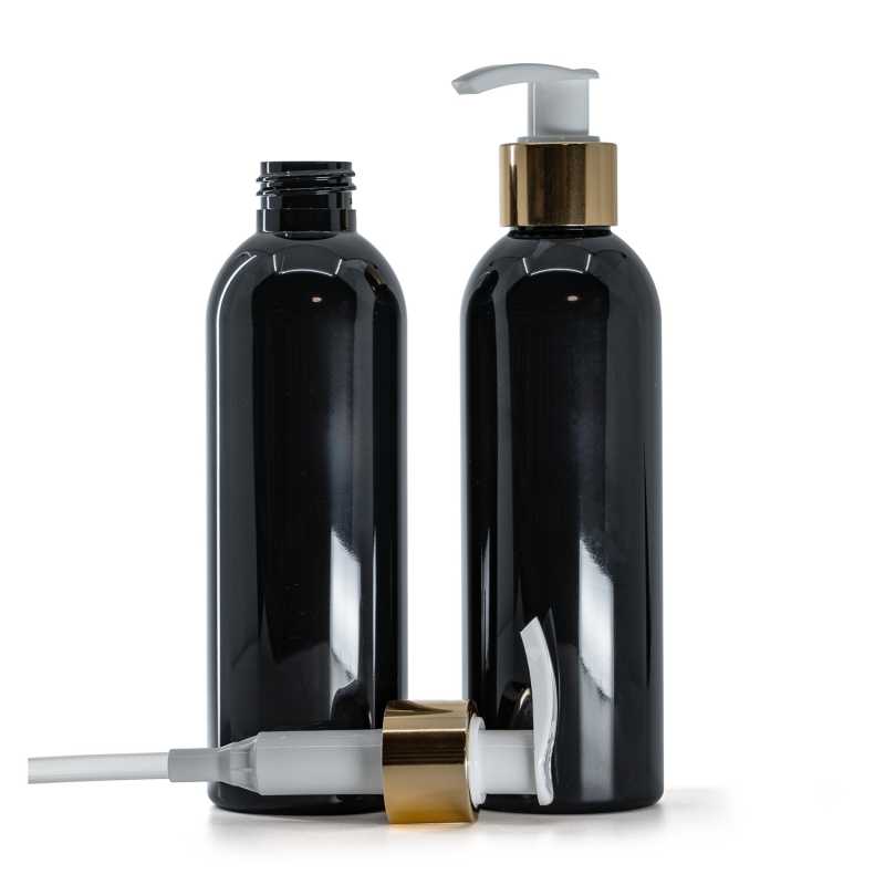 Schwarze glänzende Kunststoffflasche mit weißem Spender und glänzend goldenem Ring, 200 ml