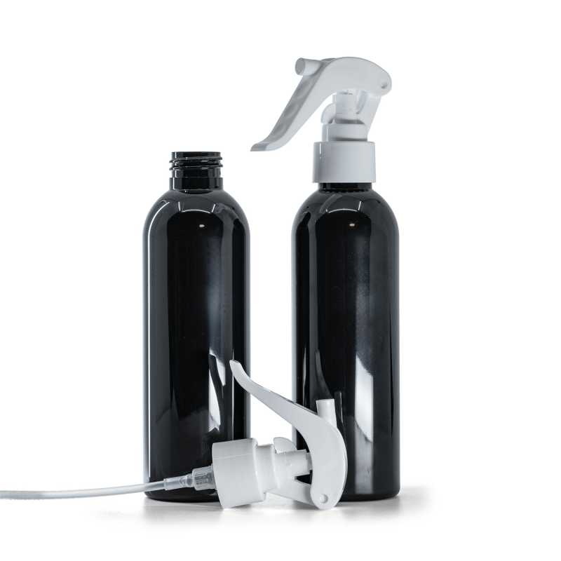 Schwarze glänzende Kunststoffflasche mit weißem Sprühhebel, 200 ml