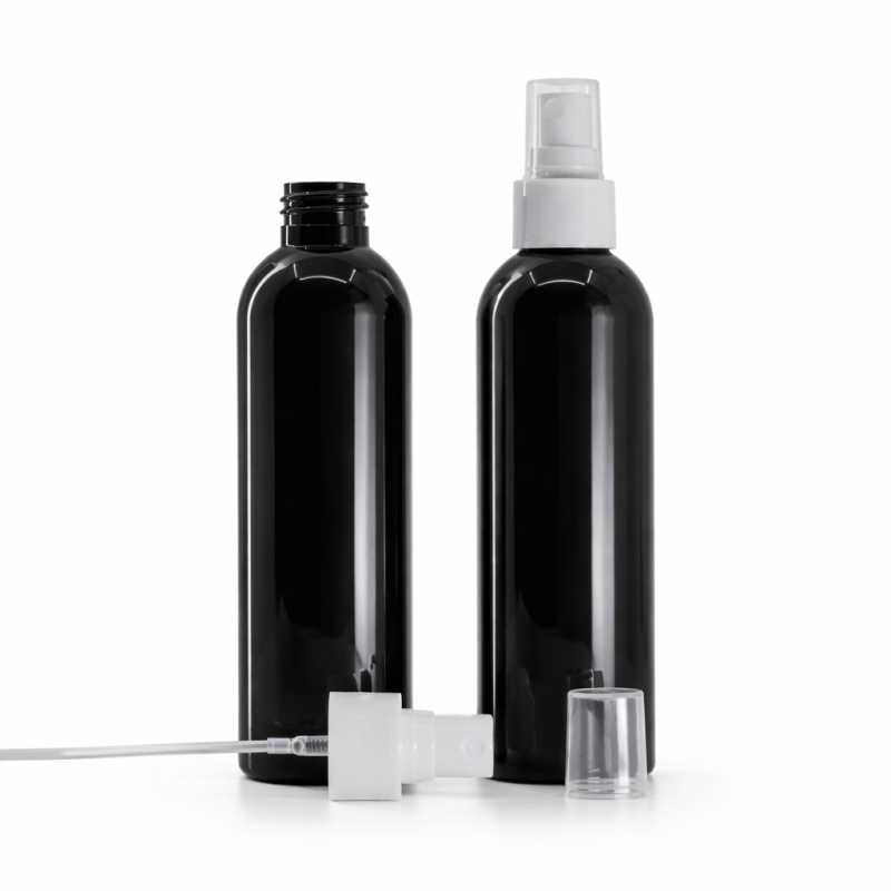 Schwarze glänzende Kunststoffflasche mit weißem Feinsprühkopf, 200 ml