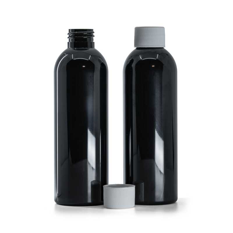 Schwarze glänzende Kunststoffflasche mit weißem Verschluss, 200 ml
