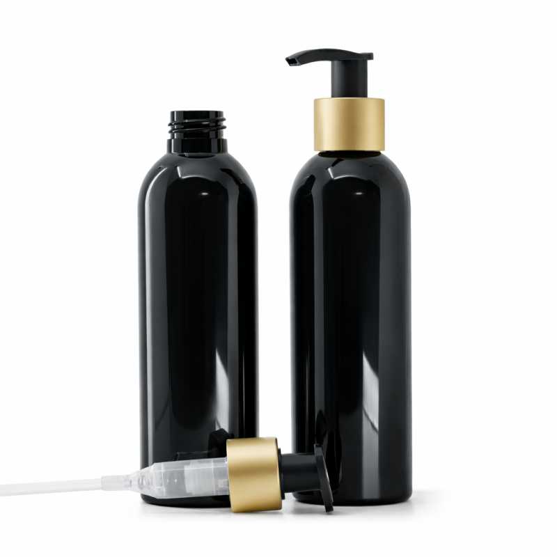 Schwarze glänzende Kunststoffflasche, schwarzer Spender mit mattschwarzem Goldkragen, 200 ml