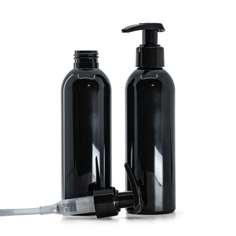 Schwarze glänzende Kunststoffflasche mit schwarzem Spender, 200 ml