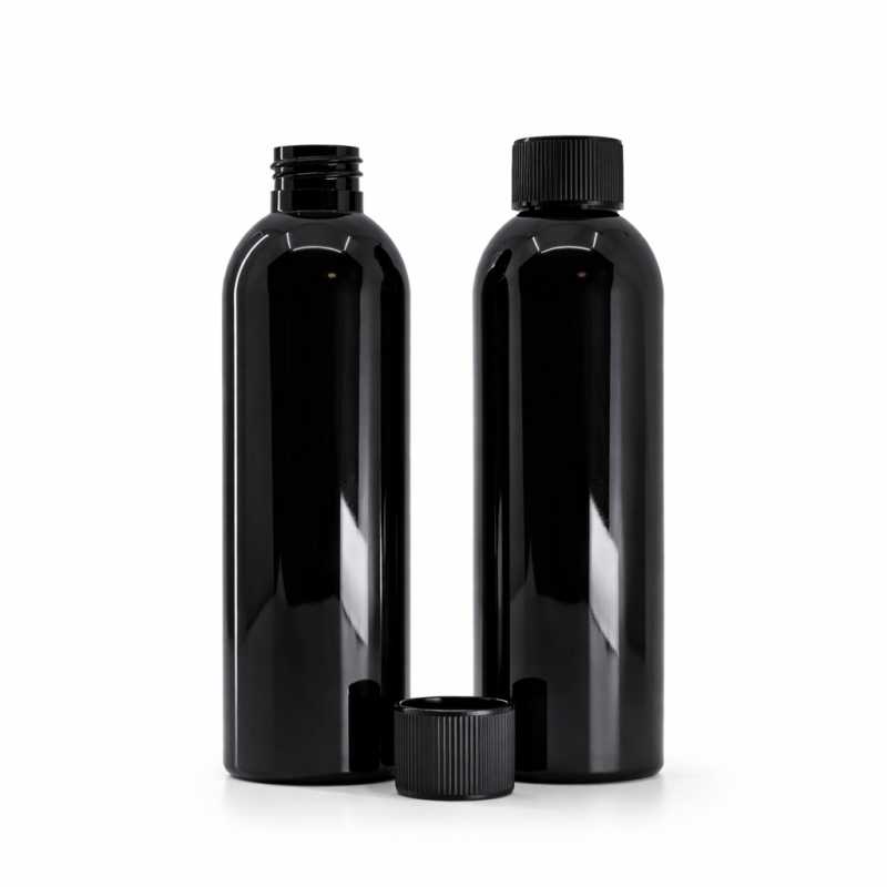 Schwarze glänzende Kunststoffflasche, schwarzer gerippter Verschluss, 200 ml