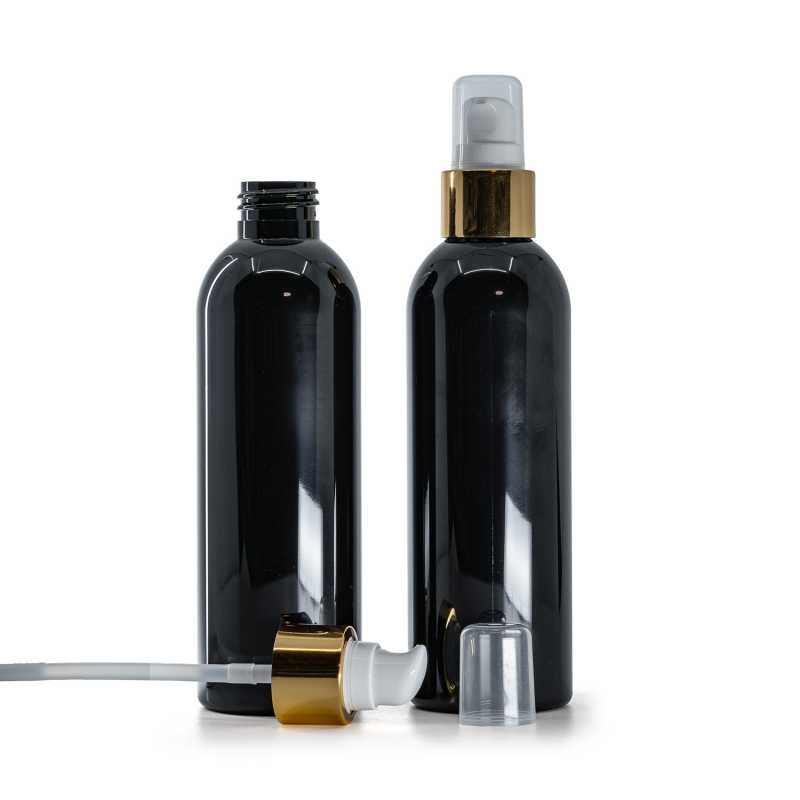 Schwarze glänzende Kunststoffflasche, weiß-goldener Spender mit Kappe, 200 ml