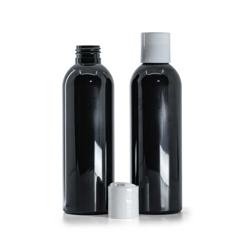 Schwarze glänzende Kunststoffflasche, weißer Disc-Top-Verschluss, 200 ml