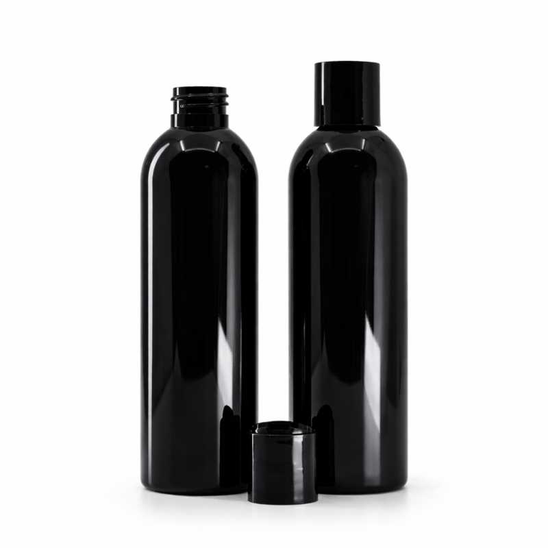 Schwarze glänzende Kunststoffflasche mit schwarzem Disc-Top, 200 ml