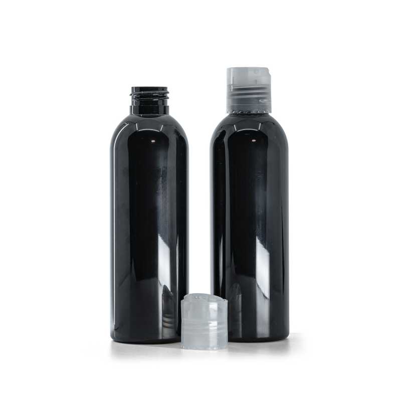 Schwarze glänzende Kunststoffflasche, transparenter Disc-Top, 200 ml