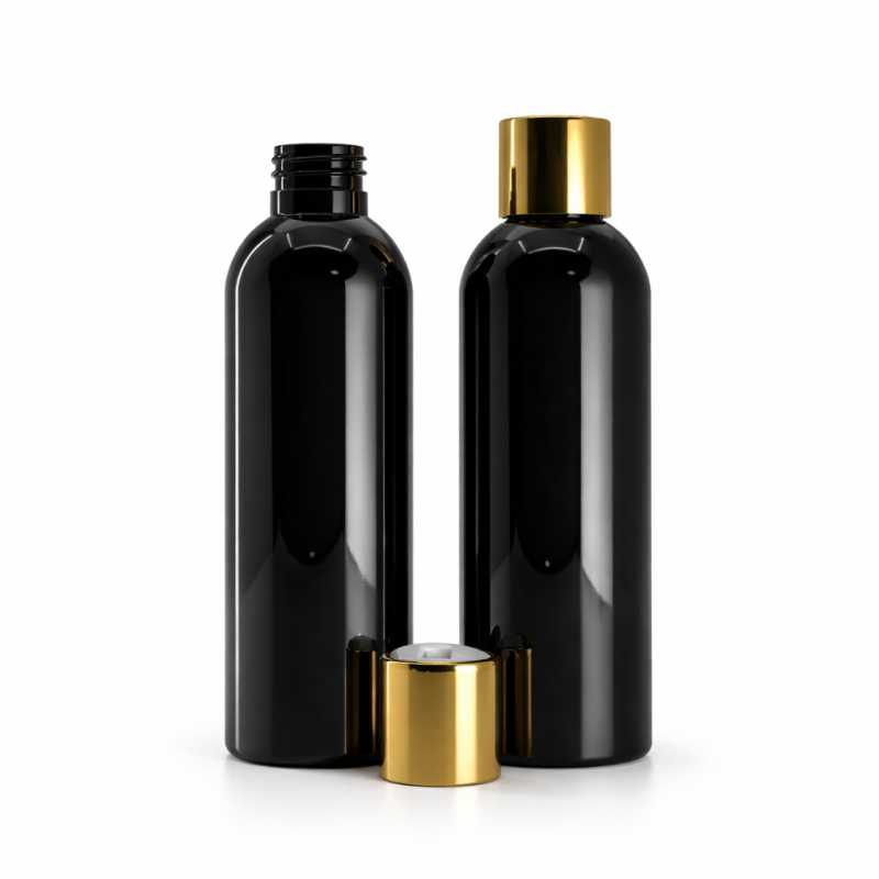 Schwarze glänzende Kunststoffflasche, Disc-Top-Verschluss, goldfarben, weißer Einsatz, 200 ml