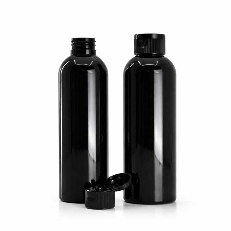 Schwarze glänzende Kunststoffflasche mit schwarzem Flip-Top, 200 ml
