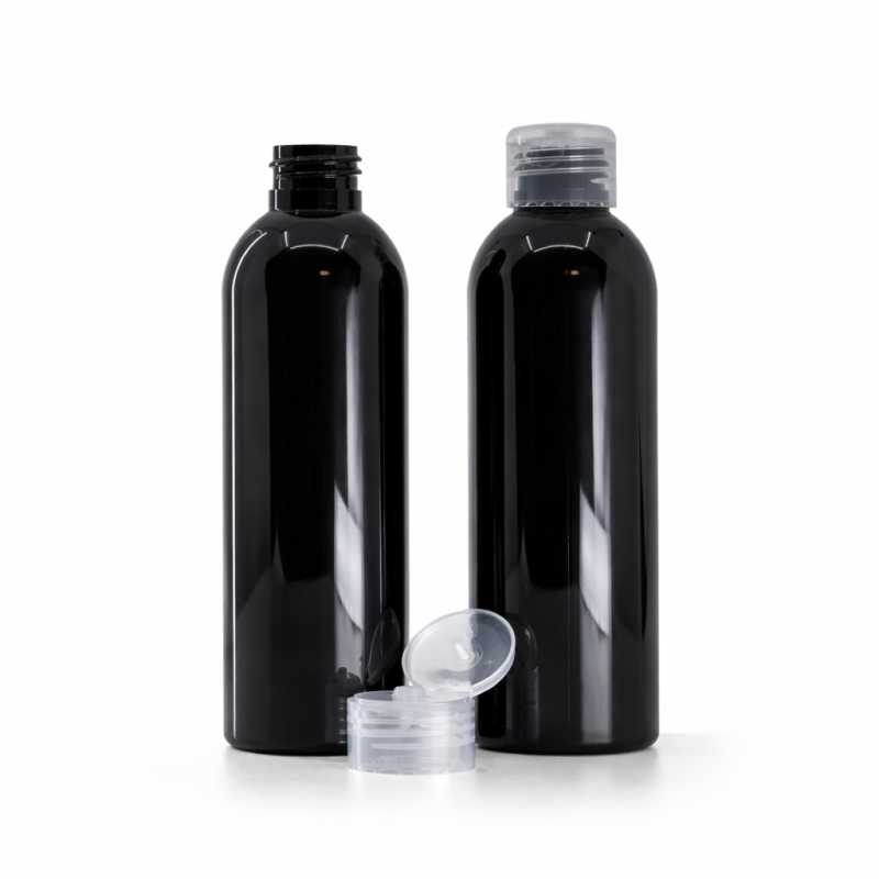 Schwarze glänzende Kunststoffflasche, transparenter Flip-Top-Verschluss, 200 ml