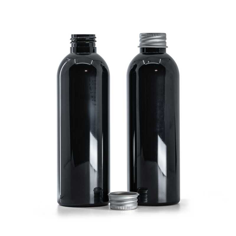 Schwarze glänzende Kunststoffflasche, Aluminiumverschluss silber, 200 ml