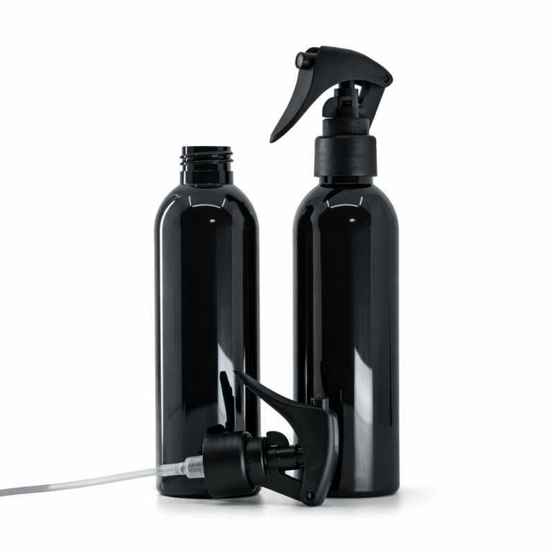 Kunststoffflasche, schwarz glänzend, Triggersprüher, schwarz matt, glatter Ring, 200 ml