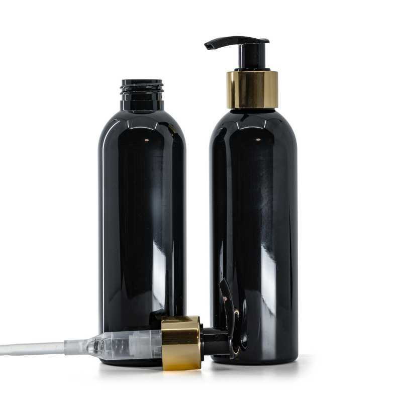 Schwarze glänzende Kunststoffflasche, goldener Dispenser, 200 ml