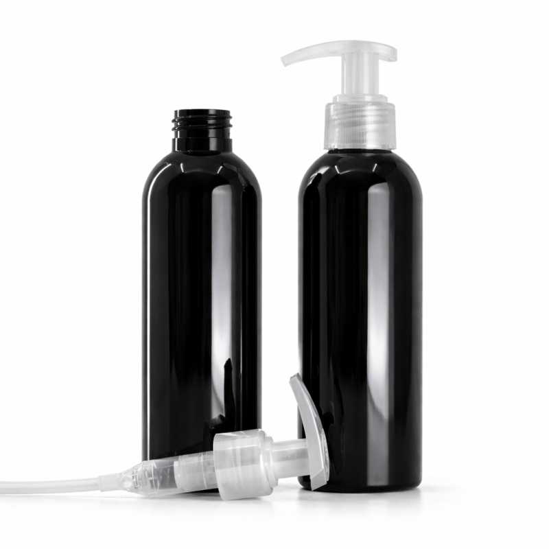 Schwarze glänzende Kunststoffflasche, transparenter Spender, 200 ml