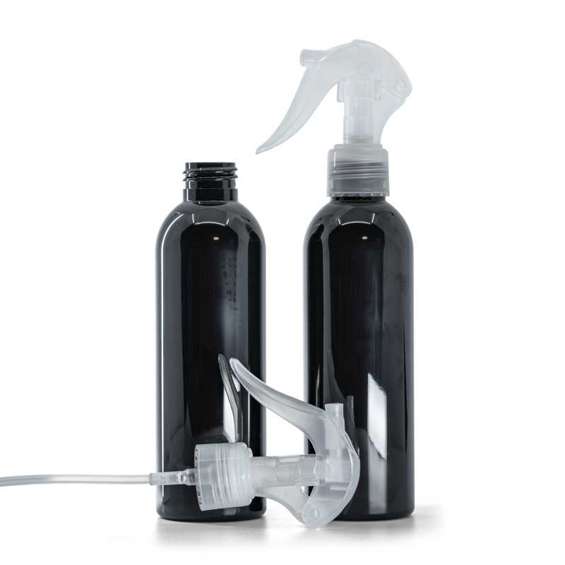 Kunststoffflasche schwarz glänzend mit transparentem Mini-Trigger-Sprayer 200 ml