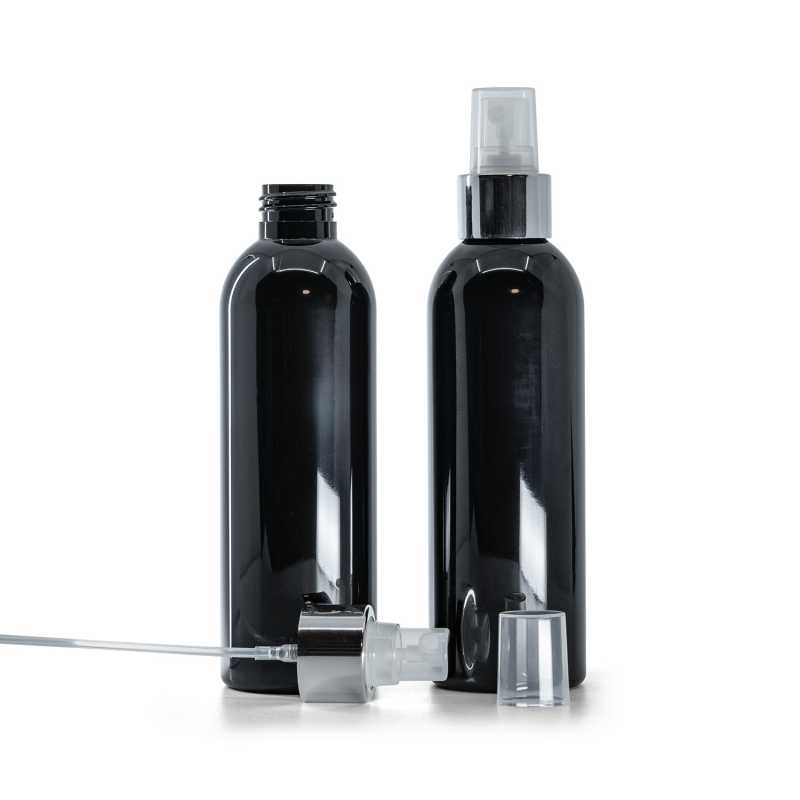 Schwarze glänzende Kunststoffflasche, transparenter Sprühkopf mit glänzend silbernem Ring, 200 ml
