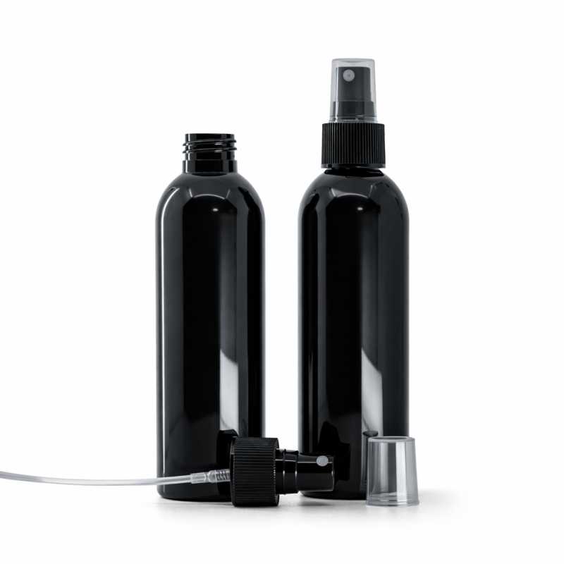 Schwarze glänzende Kunststoffflasche mit schwarzem Zerstäuber, 200 ml
