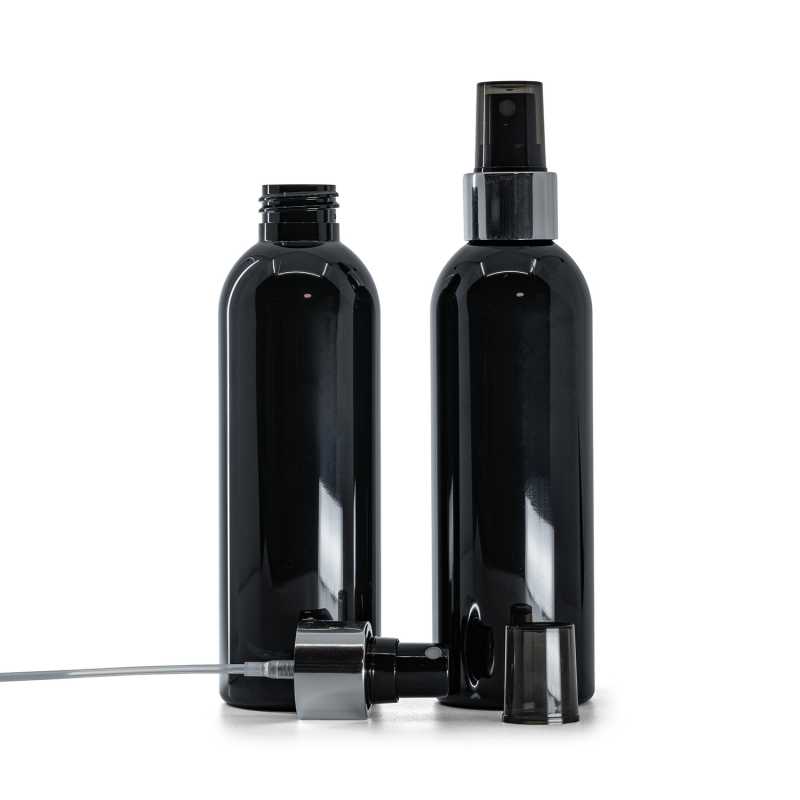 Schwarze Glanz-Kunststoffflasche, schwarzer Zerstäuber mit glänzend silberner Hülse, 200 ml