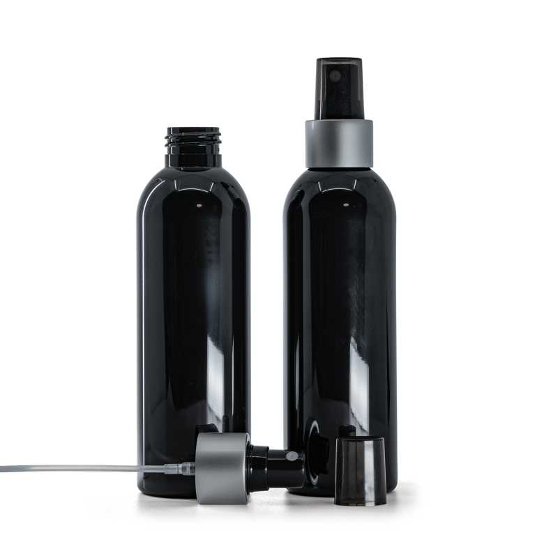 Schwarze glänzende Kunststoffflasche, schwarzer Zerstäuber, matt silberner Ring, 200 ml