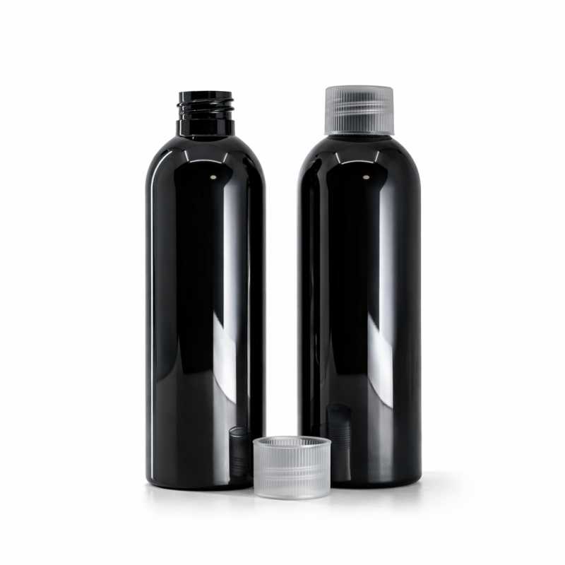 Schwarze glänzende Kunststoffflasche mit transparentem Verschluss, 200 ml