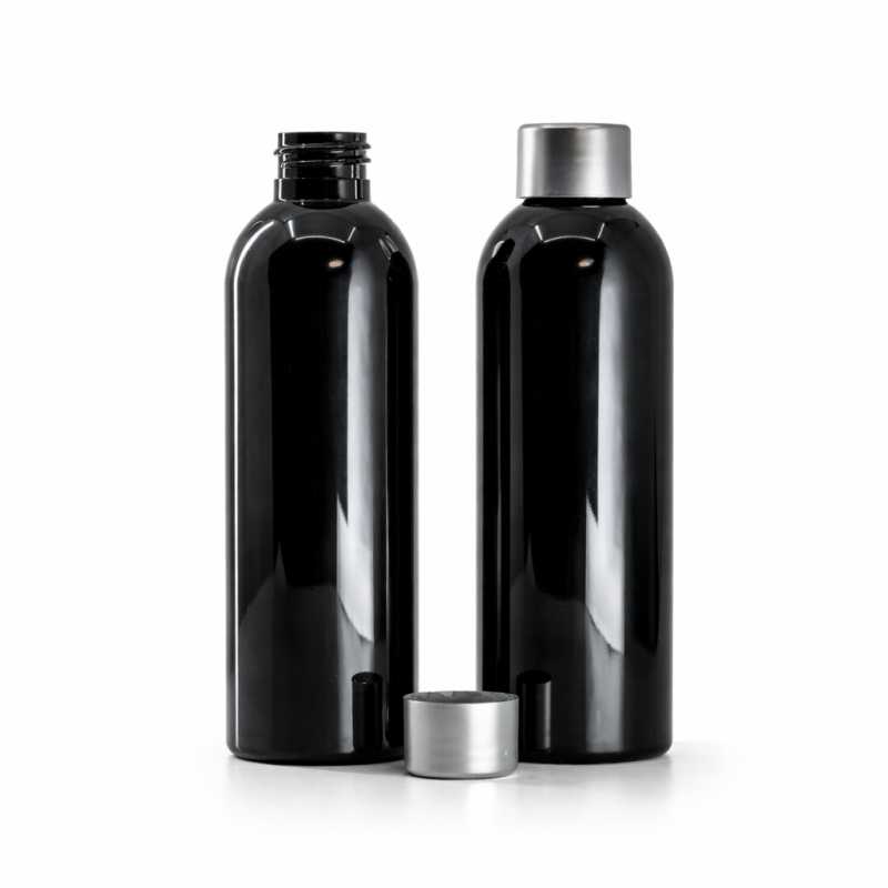 Schwarze glänzende Kunststoffflasche, silberfarbener Verschluss, 200 ml
