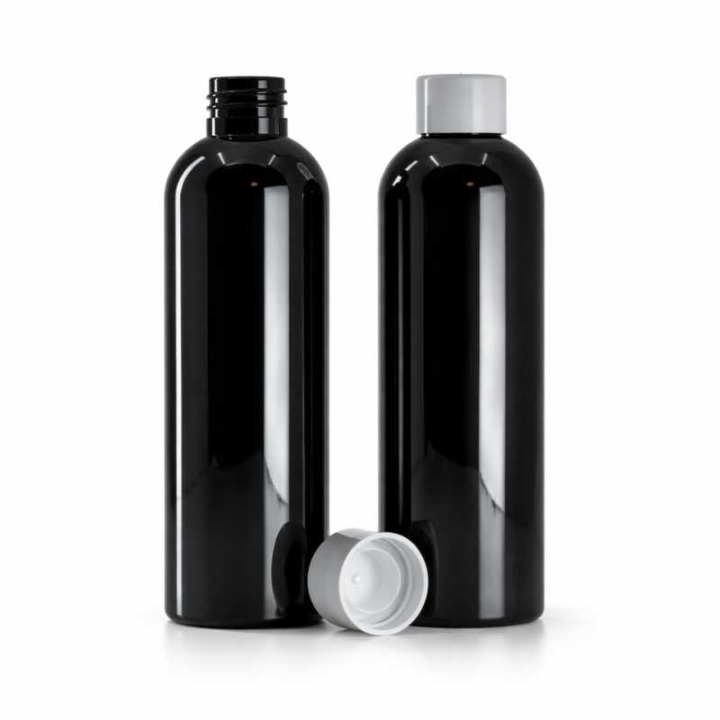 Schwarze Glanz-Kunststoffflasche, weißer glatter Verschluss mit Reduziereinsatz, 200 ml