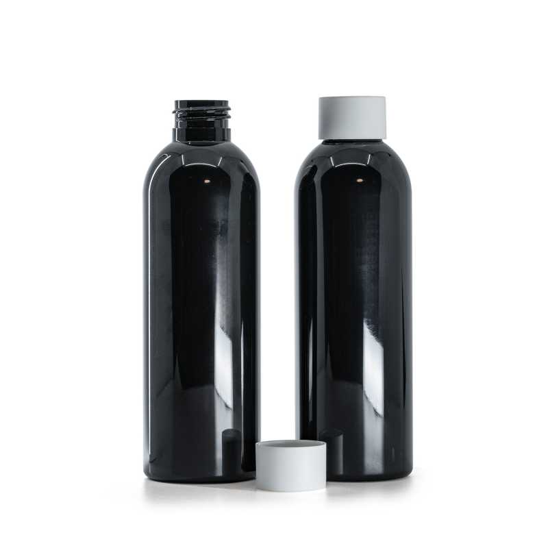 Schwarze glänzende Kunststoffflasche, matter weißer Verschluss, 200 ml