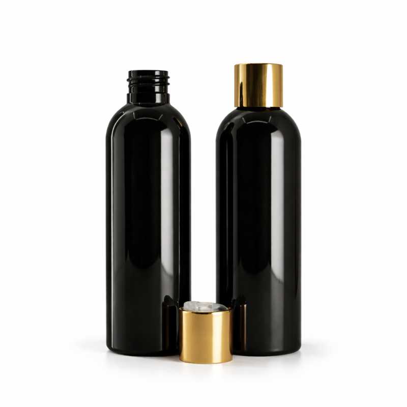 Schwarze glänzende Kunststoffflasche, goldener Flip-Top, 200 ml