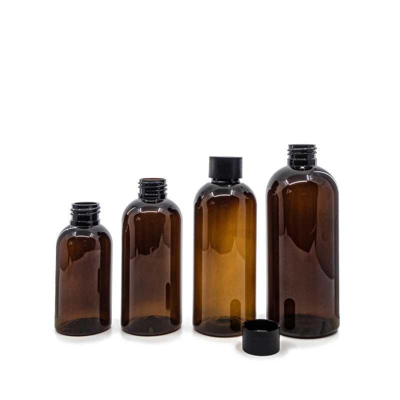 Bernsteinfarbene Kunststoffflasche, 24/410, schwarzer matter Kunststoffdeckel, 100 ml