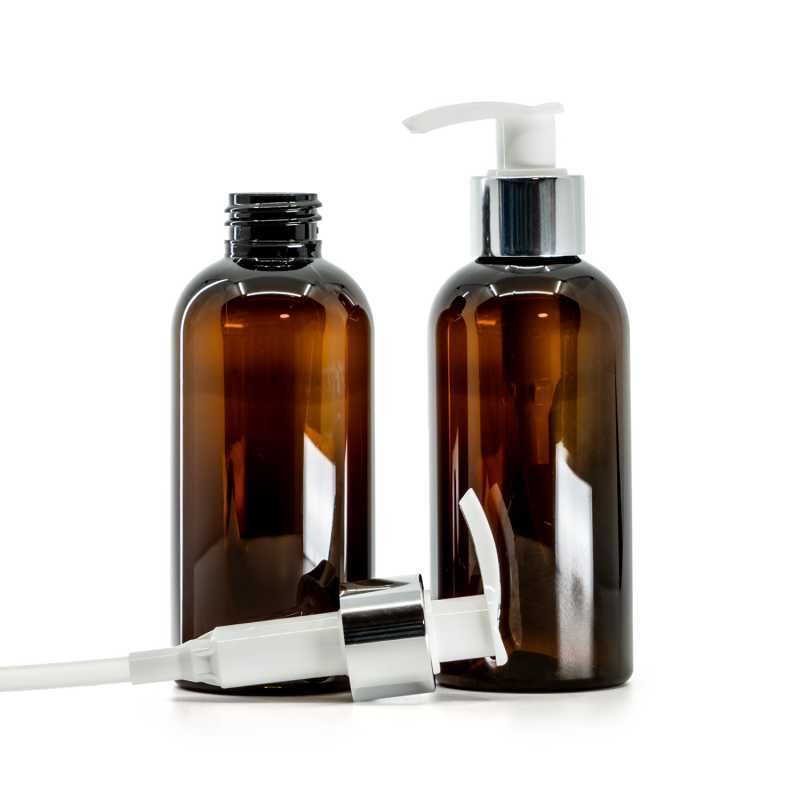 Bernsteinfarbene Kunststoffflasche, weiße Lotion-Pumpe mit glänzendem Silberkragen, 150 ml