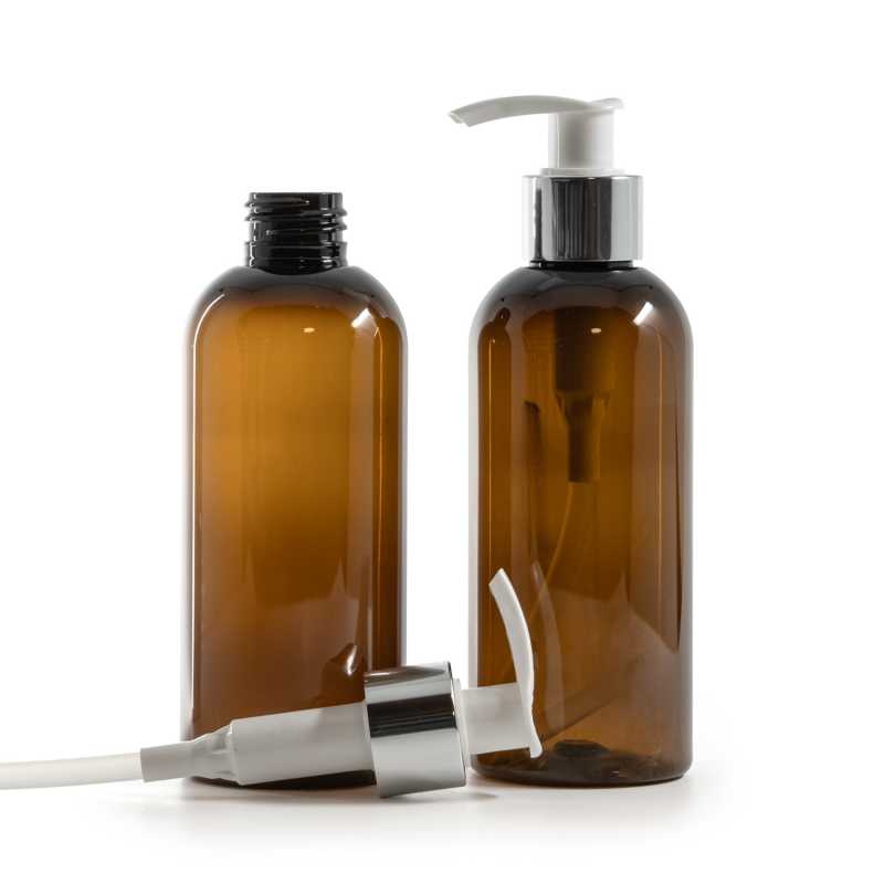 Bernsteinfarbene Kunststoff-Flasche, weiße Lotion-Pumpe mit glänzendem Silberkragen, 200 ml