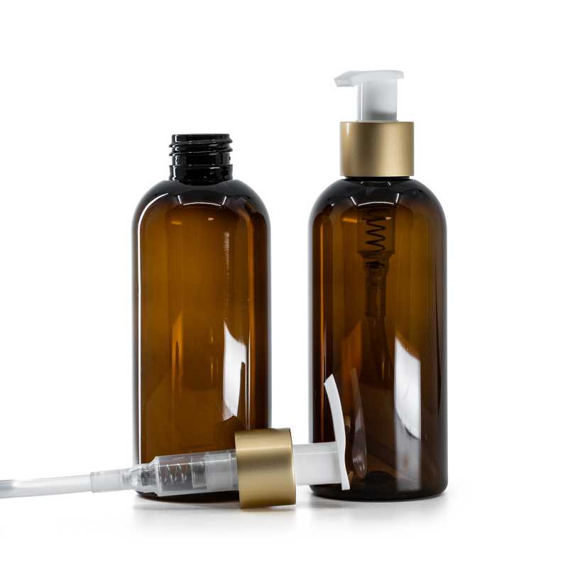 Braune Kunststoffflasche, weißer Lotionpumpspender mit mattgoldenem Ring, 200 ml