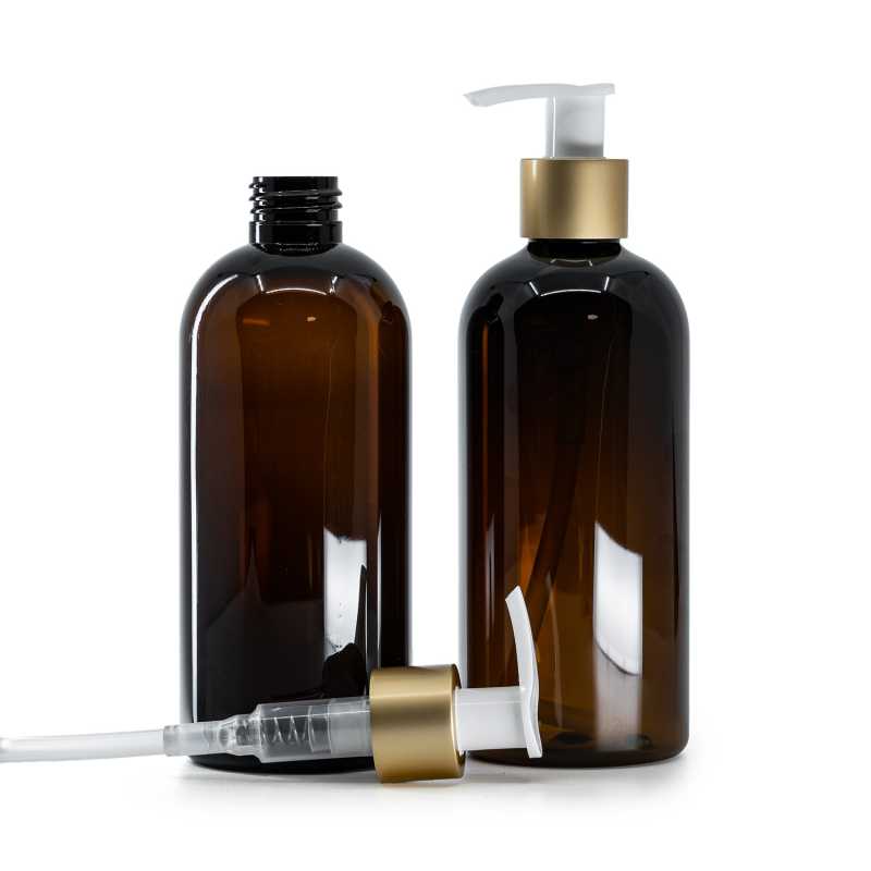 Braune Kunststoffflasche mit weißem Lotionspender und mattem Goldring, 300 ml