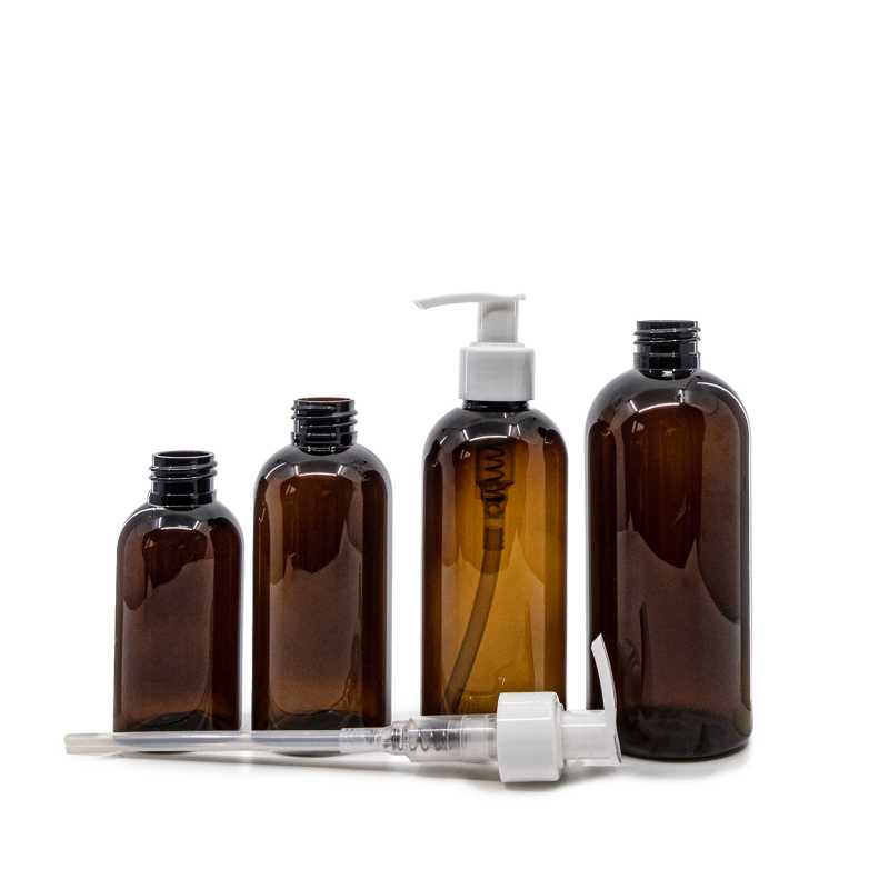 Bernsteinfarbene Kunststoffflasche, weiße Pumpe, 300 ml