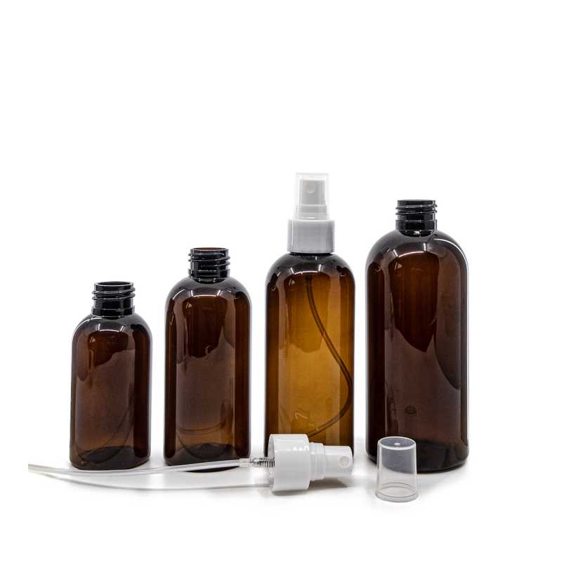 Bernsteinfarbene Plastikflasche, weißer feiner Sprühnebel, 200 ml