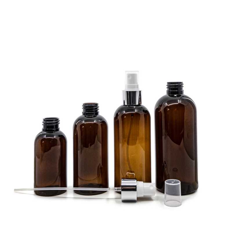 Bernsteinfarbene Kunststoffflasche, weißes Spray mit glänzendem Silberkragen, 150 ml