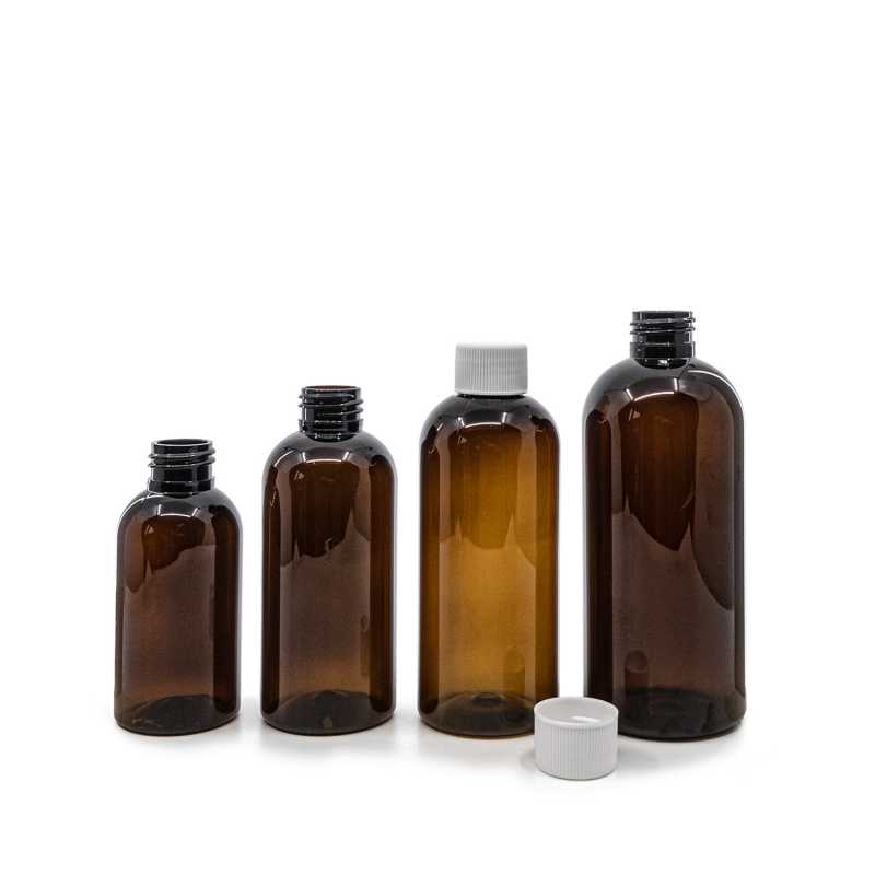 Bernsteinfarbene Kunststoffflasche, weißer Verschluss, 150 ml