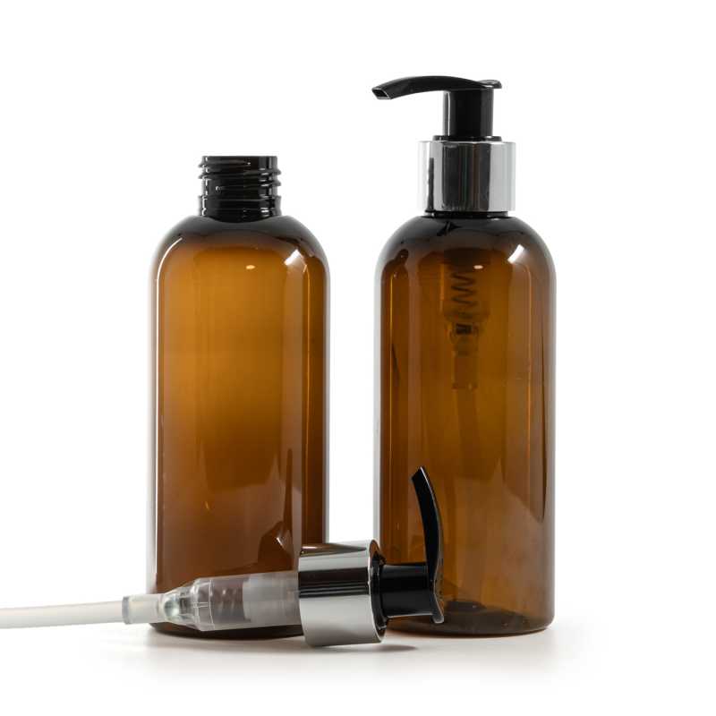 Bernsteinfarbene Kunststoffflasche, schwarze Lotion-Pumpe mit glänzendem Silberkragen, 200 ml