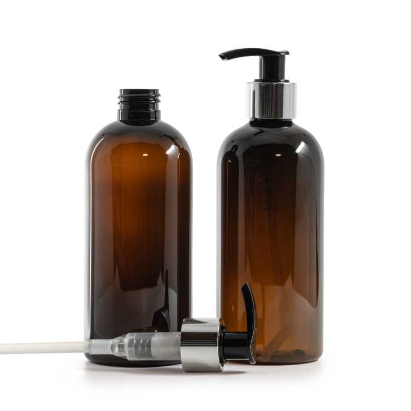 Bernsteinfarbene Kunststoffflasche, schwarze Lotion-Pumpe mit glänzendem Silberkragen, 300 ml